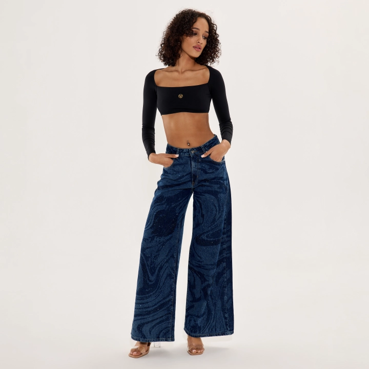 【Anyone more】Head Black Blue Pintuck Wide Denim Pants 720-square-N-27 Dark-Blue-